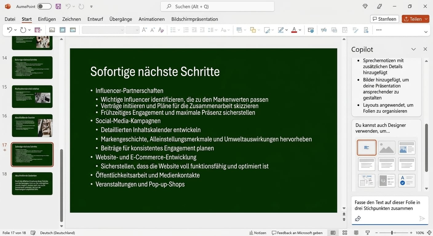 Ein Screenshot einer PowerPoint-Folie mit geöffnetem Copilot-Chat an der Seite, in dem ein Benutzer darum bittet, den Text auf der Folie zusammenzufassen.