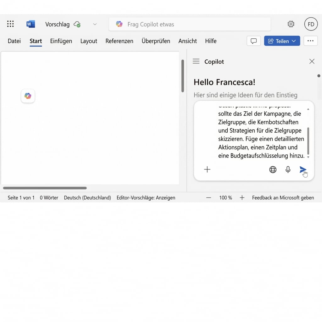 Ein Screenshot eines offenen Copilot-Chats mit der Frage „Erstelle einen Projektvorschlag für eine neue Marketingkampagne“ und dem von Copilot erstellten Dokument für den Marketingkampagnenvorschlag.