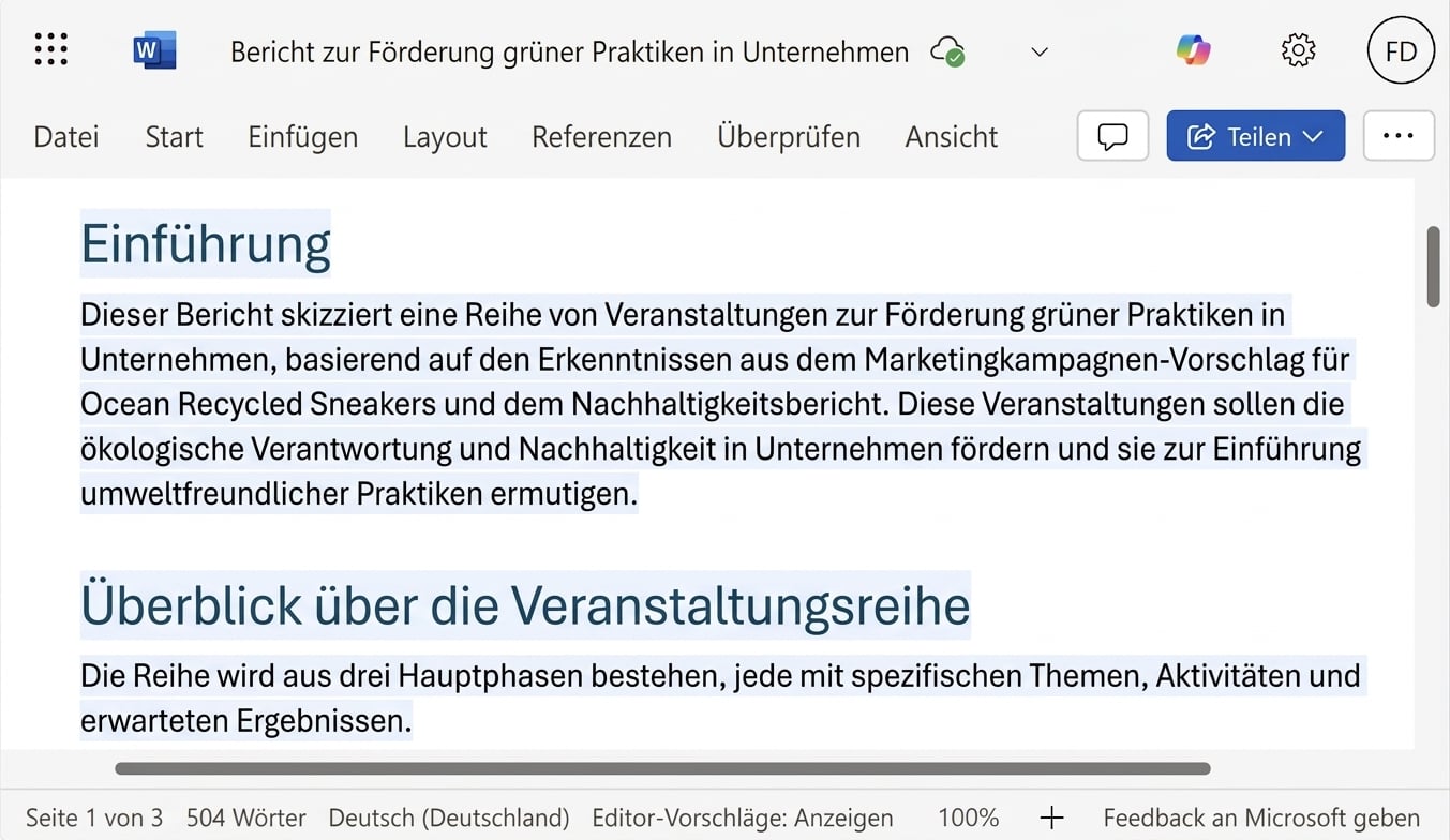 Der von Copilot unter Verwendung von zwei vorhandenen Dokumenten erstellte Bericht.