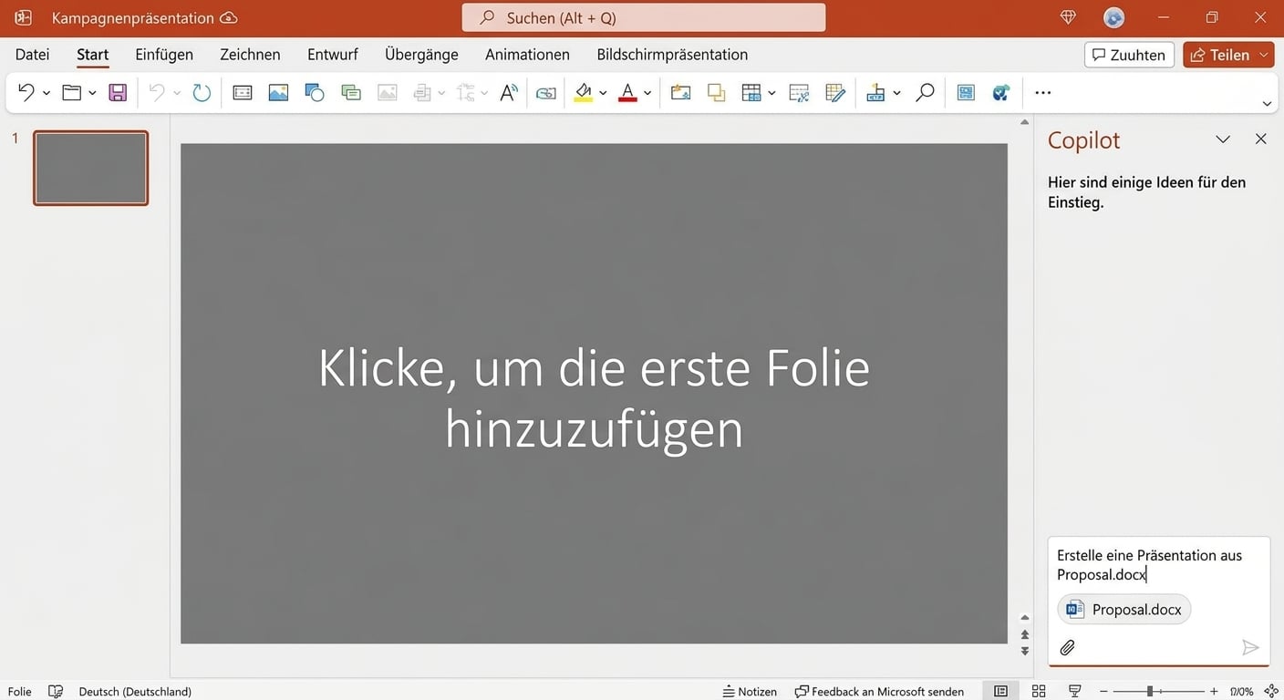 A screenshot of a blank PowerPoint document with the Copilot chat open on the side.