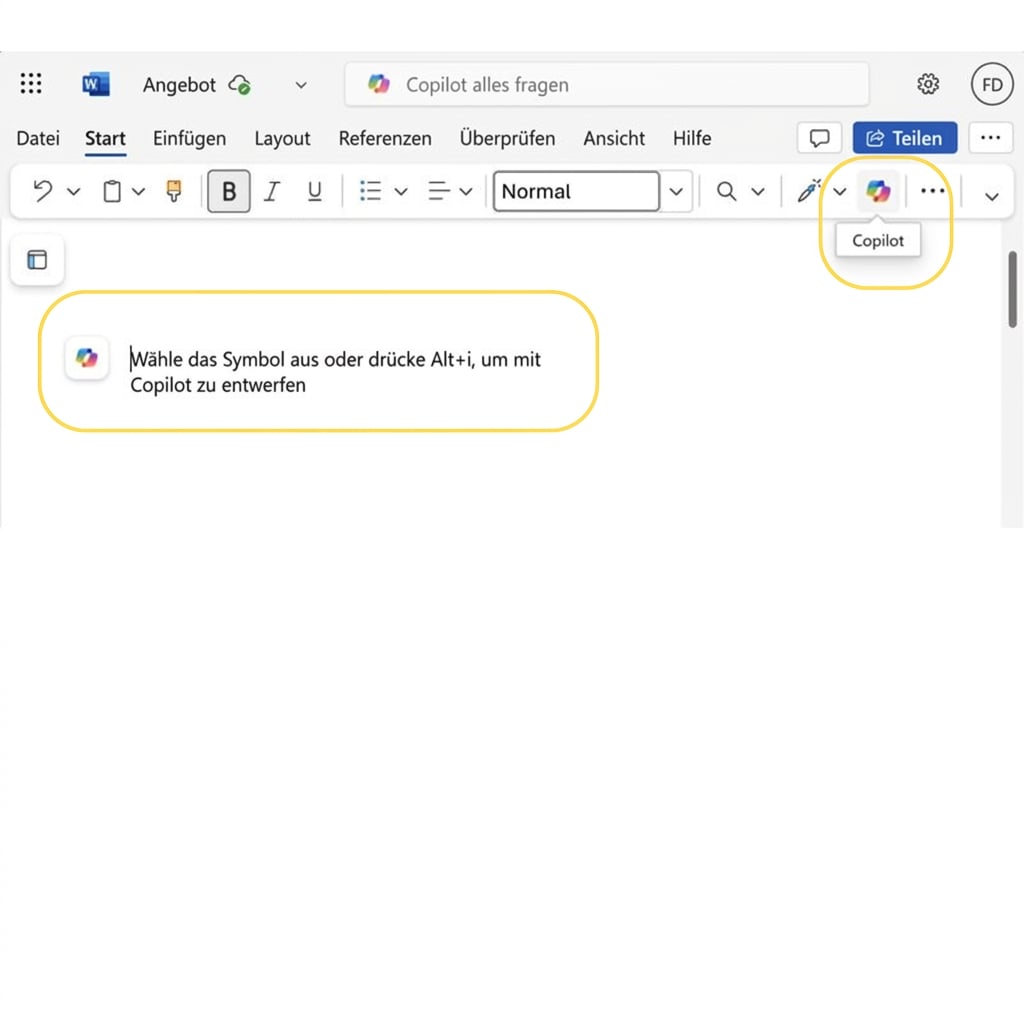 Screenshot of a blank document in Word with \"press ALT+I to draft with Copilot, and the Copilot icon, highlighted