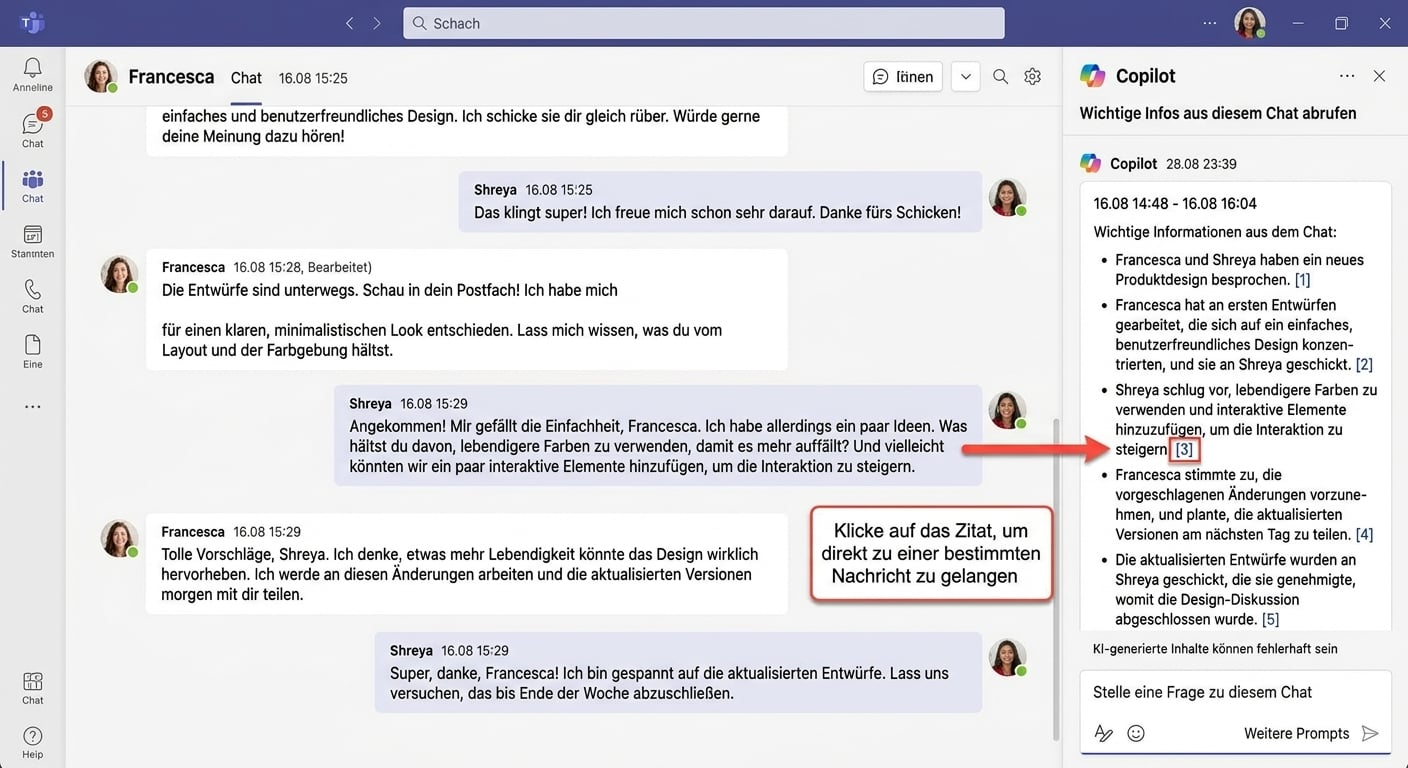 Ein Screenshot eines Microsoft Teams-Chats mit einem geöffneten Seitenchat, in dem die Antwort von Copilot angezeigt wird, und einem roten Pfeil, der auf eine Referenz zeigt, die uns zur ursprünglichen Nachricht führt.