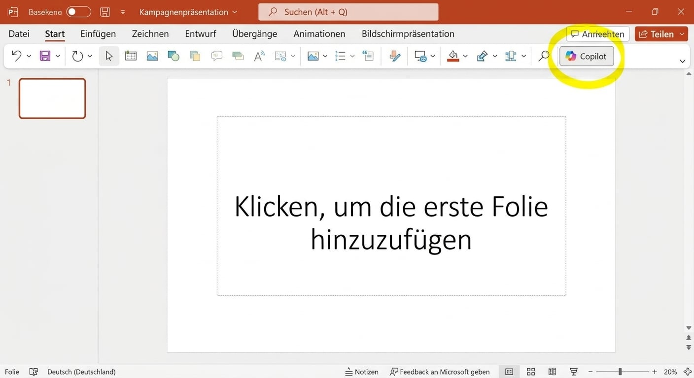 Ein Screenshot eines leeren PowerPoint-Dokuments mit dem Copilot-Symbol.