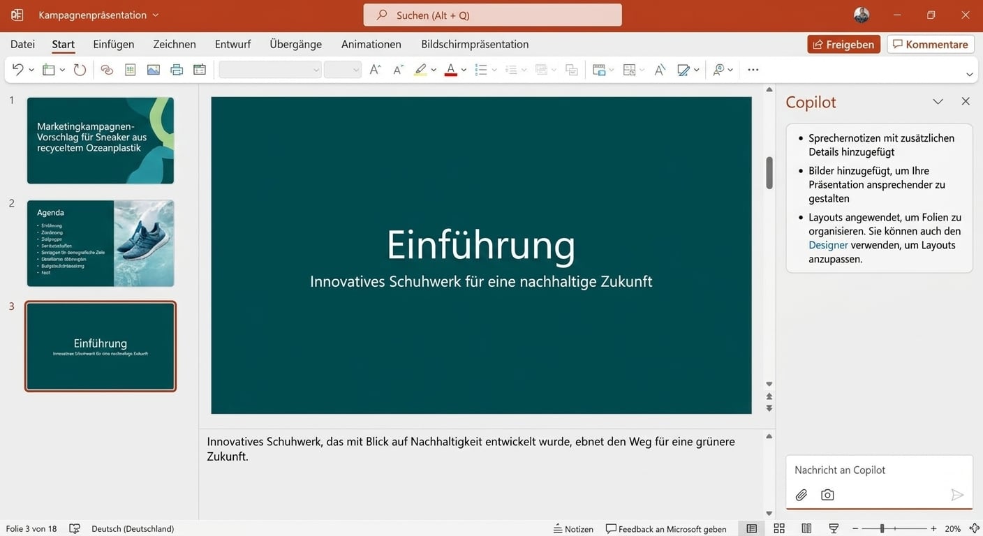Eine Demonstration von Copilot, wie eine Präsentation aus einer bestehenden Datei als Ausgangspunkt erstellt wird.