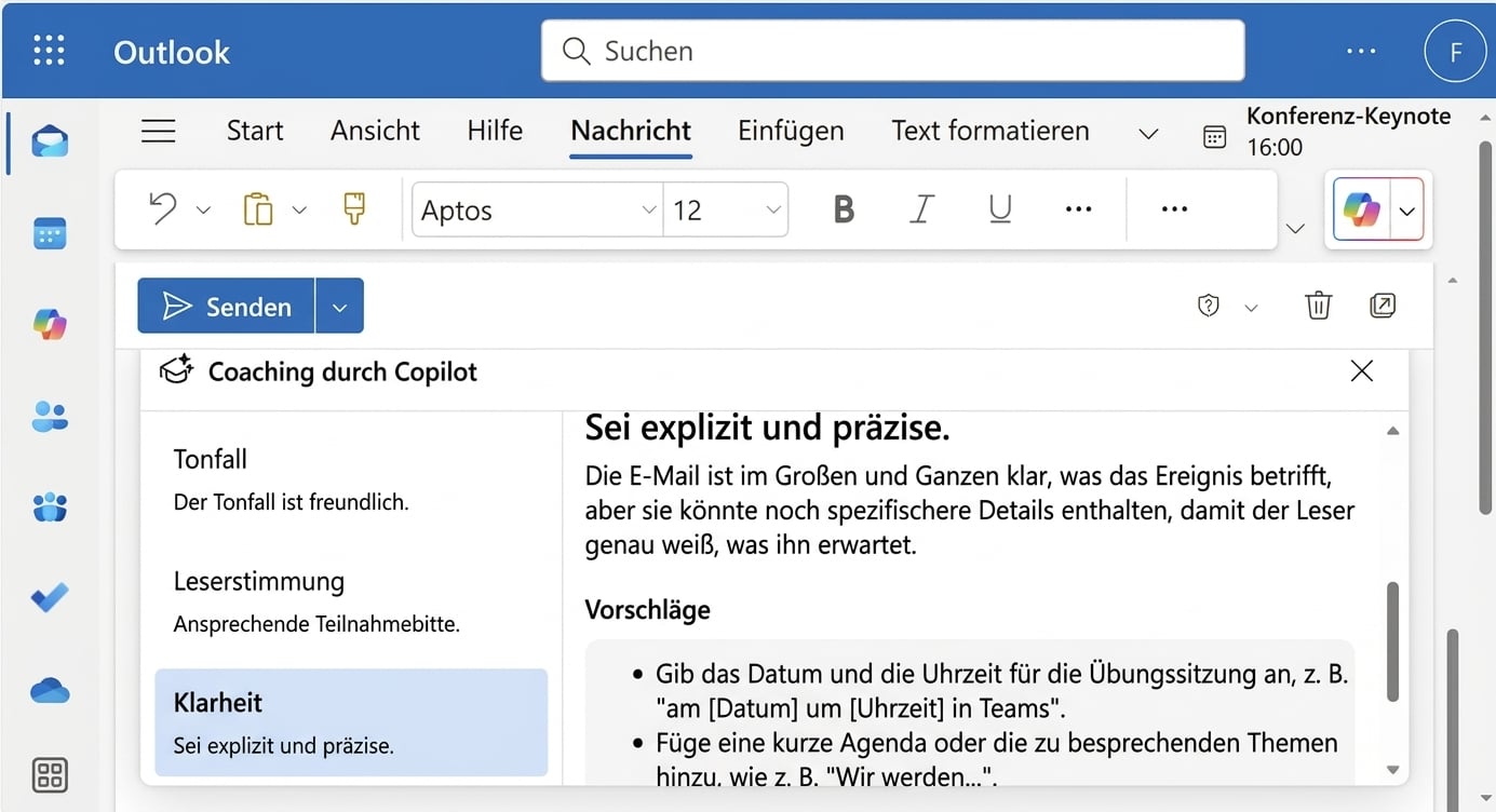 Antwort von Copilot mit Tipps zur Verbesserung der Klarheit