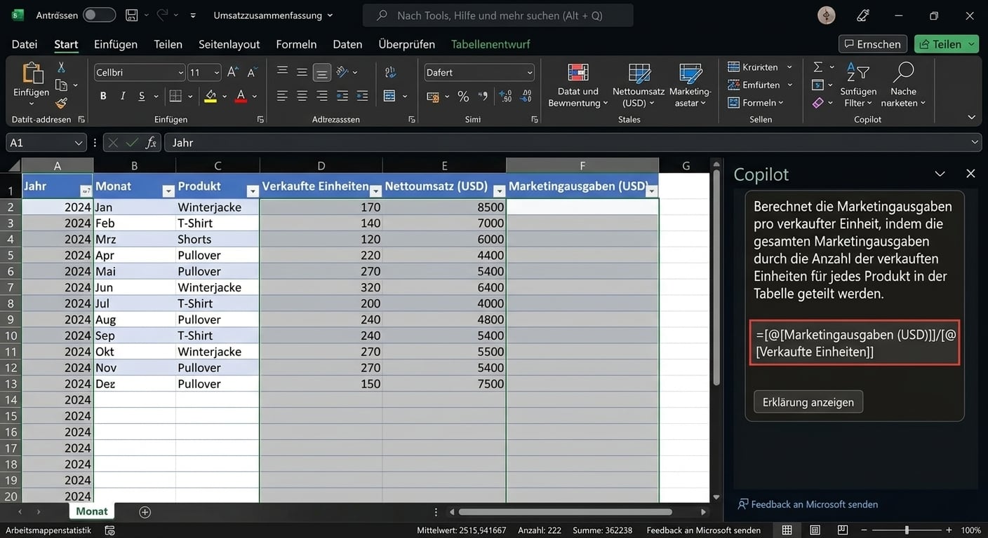 Ein geöffnetes Excel-Dokument mit Daten zu Bekleidungsprodukten und einem geöffneten Copilot-Chat an der Seite, der die Ausgabe der Formel zeigt
