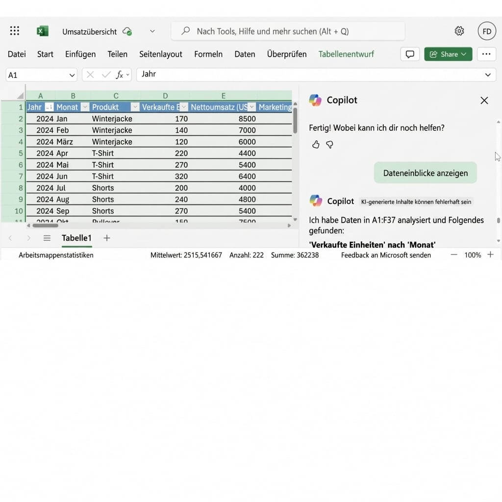 Ein geöffnetes Excel-Dokument mit Diagrammen, die mit Copilot erstellt wurden.