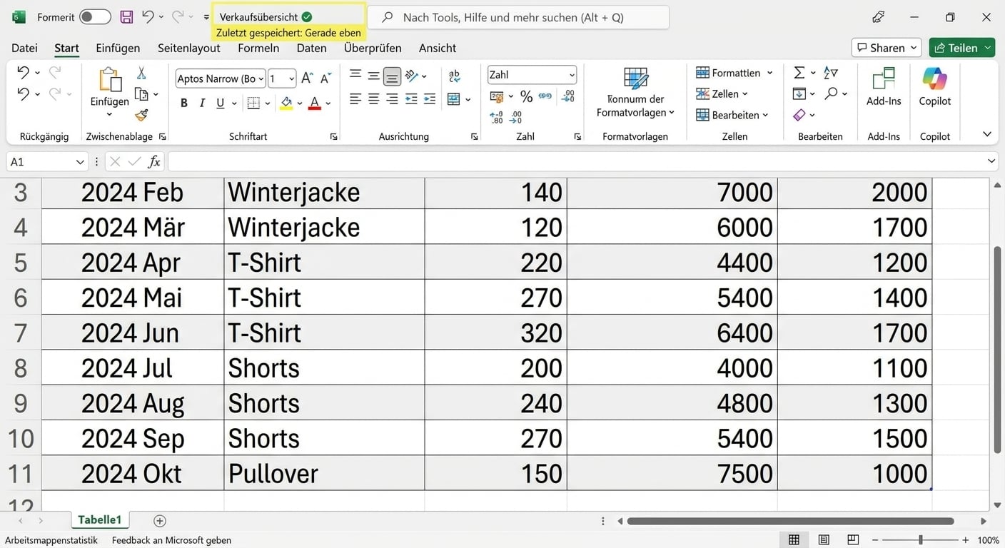 Screenshot eines Excel-Arbeitsblatts mit hervorgehobener automatischer Speicherung.
