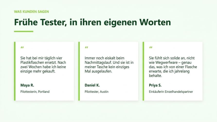 Die von Copilot hinzugefügte Testimonials-Folie mit drei markenkonformen Zitatkarten