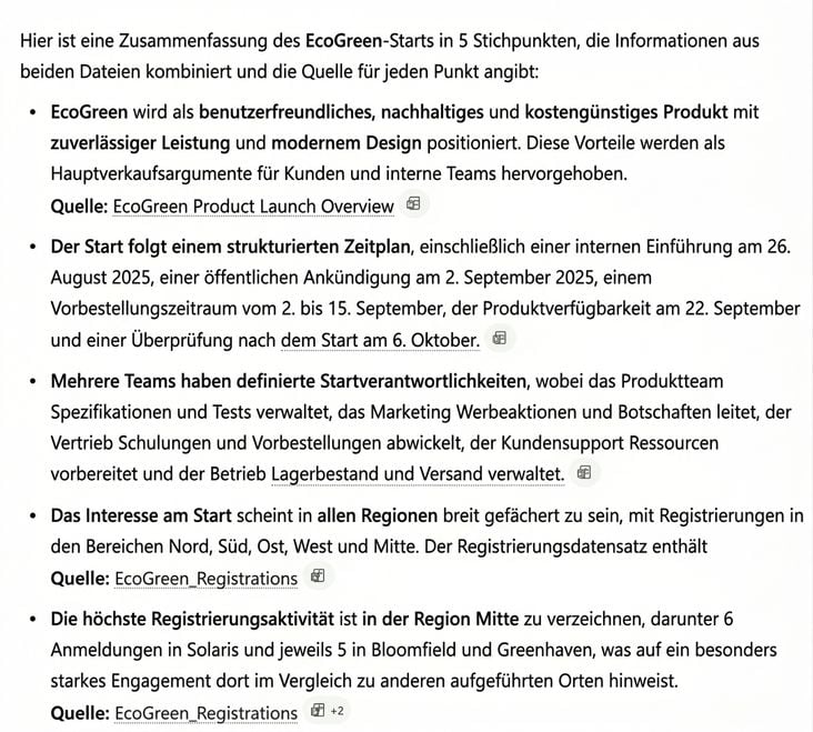 Vollständige Fünf-Punkte-Zusammenfassung über Dateien hinweg in Copilot, jede Aufzählung nennt den Word-Bericht oder die Excel-Datei als Quelle