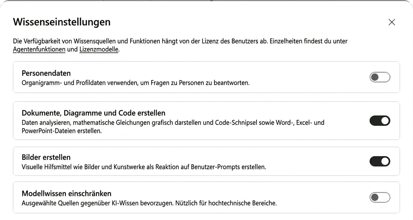 Der Knowledge-Einstellungsdialog mit „Dokumente, Diagramme und Code erstellen" und „Bilder erstellen" beide aktiviert