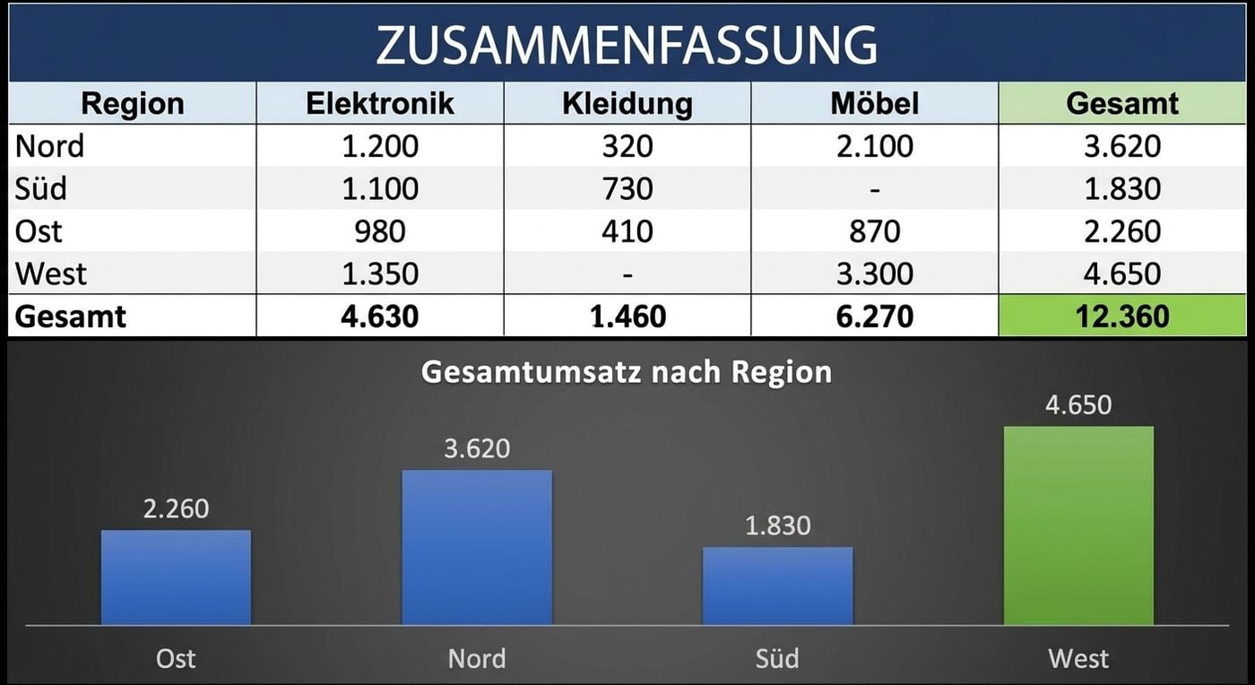 Eine Pivot mit Umsatz nach Region und Kategorie sowie ein Balkendiagramm der Regionaltotale