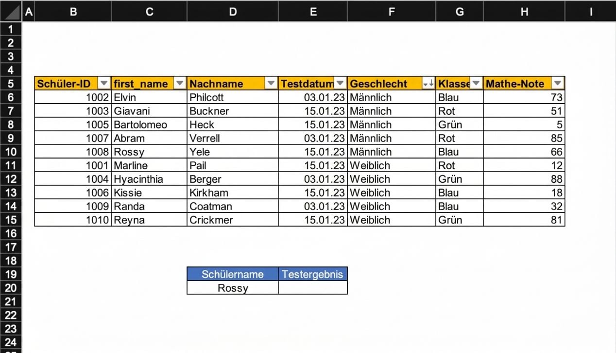 Beispiel einer Tabelle mit Schülerergebnissen und einer Zelle, die mithilfe einer Nachschlageformel ausgefüllt werden muss.