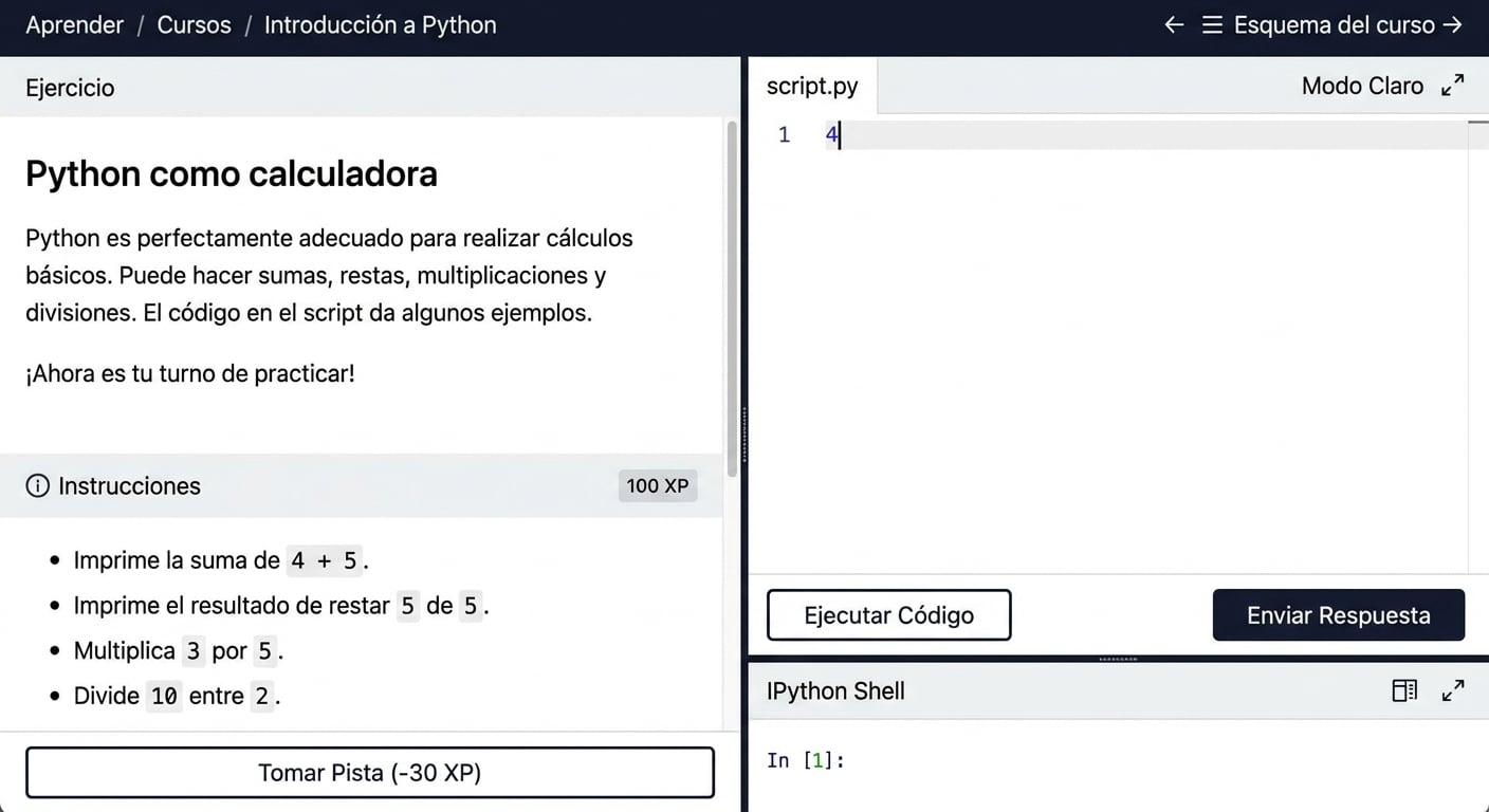 GIF: escribe 4 + 5 en el script y pulsa enviar respuesta. No se muestra ninguna salida.