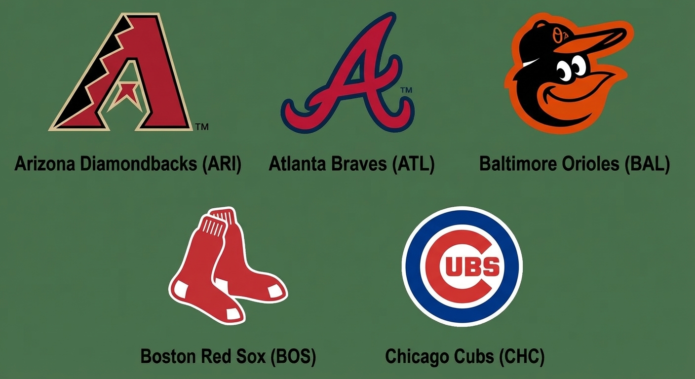 alt=”Logotipo de Arizona Diamondbacks con el texto ARI debajo, logotipo de Atlanta Braves con el texto ATL debajo, logotipo de Baltimore Orioles con el texto BAL debajo, logotipo de Boston Red Sox con BOS debajo y logotipo de Chicago Cubs con CHC debajo”