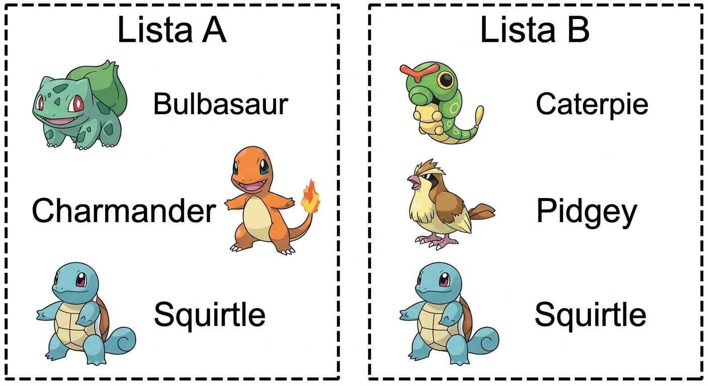 alt=”Los Pokémon Bulbasaur, Charmander y Squirtle en una caja titulada Lista A y los Pokémon Caterpie, Pidgey y Squirtle en otra caja titulada Lista B”