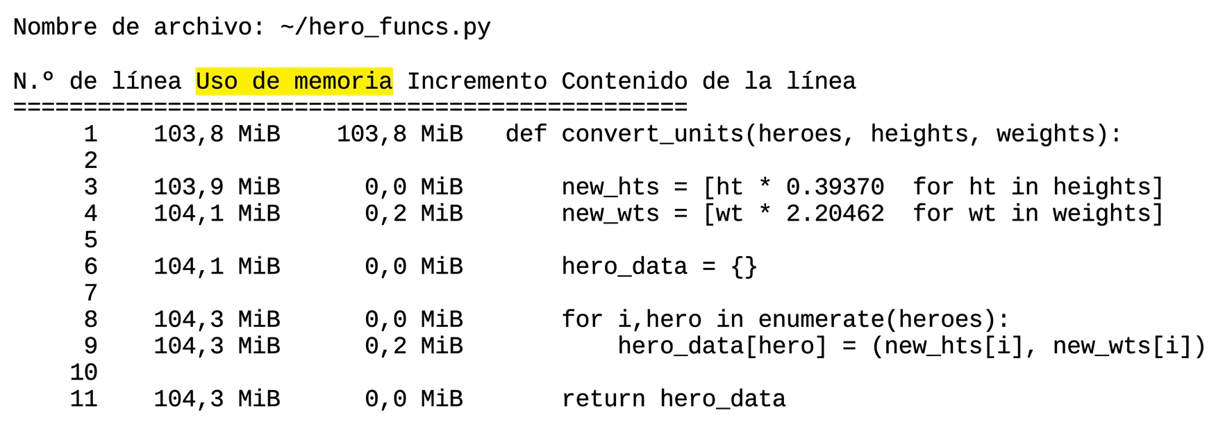 alt=”Salida en tabla de la magic mprun que resume estadísticas de perfilado de memoria con la columna Mem usage resaltada”
