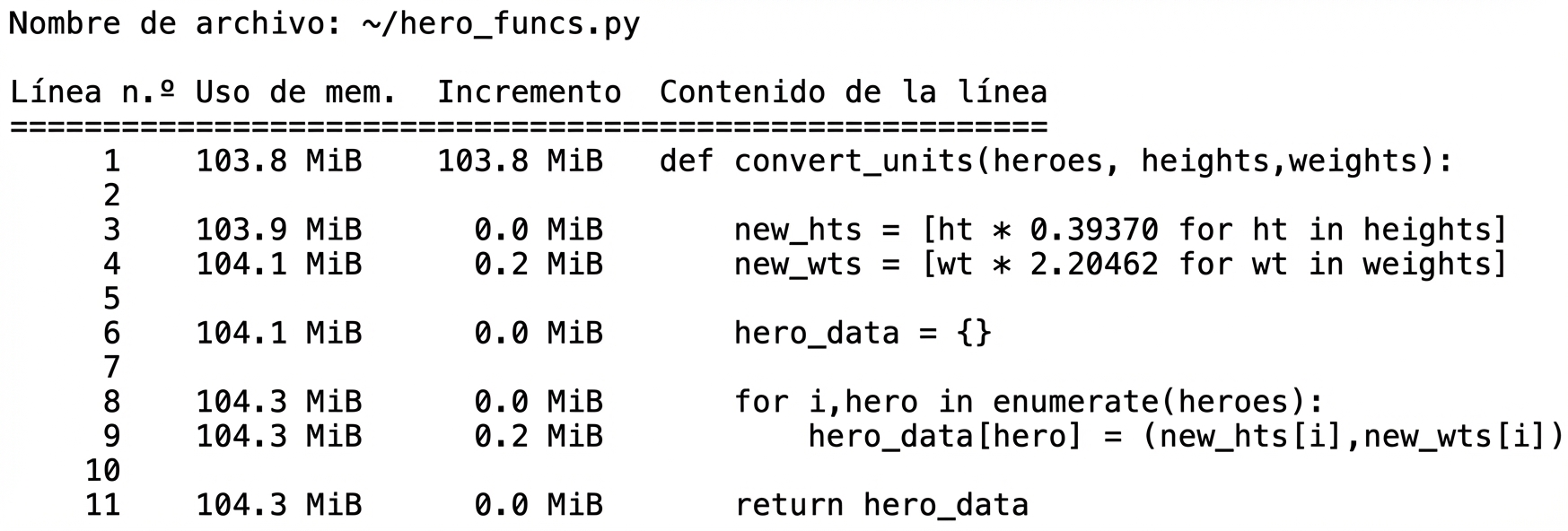 alt=”Salida en tabla de la magic mprun que resume estadísticas de perfilado de memoria”
