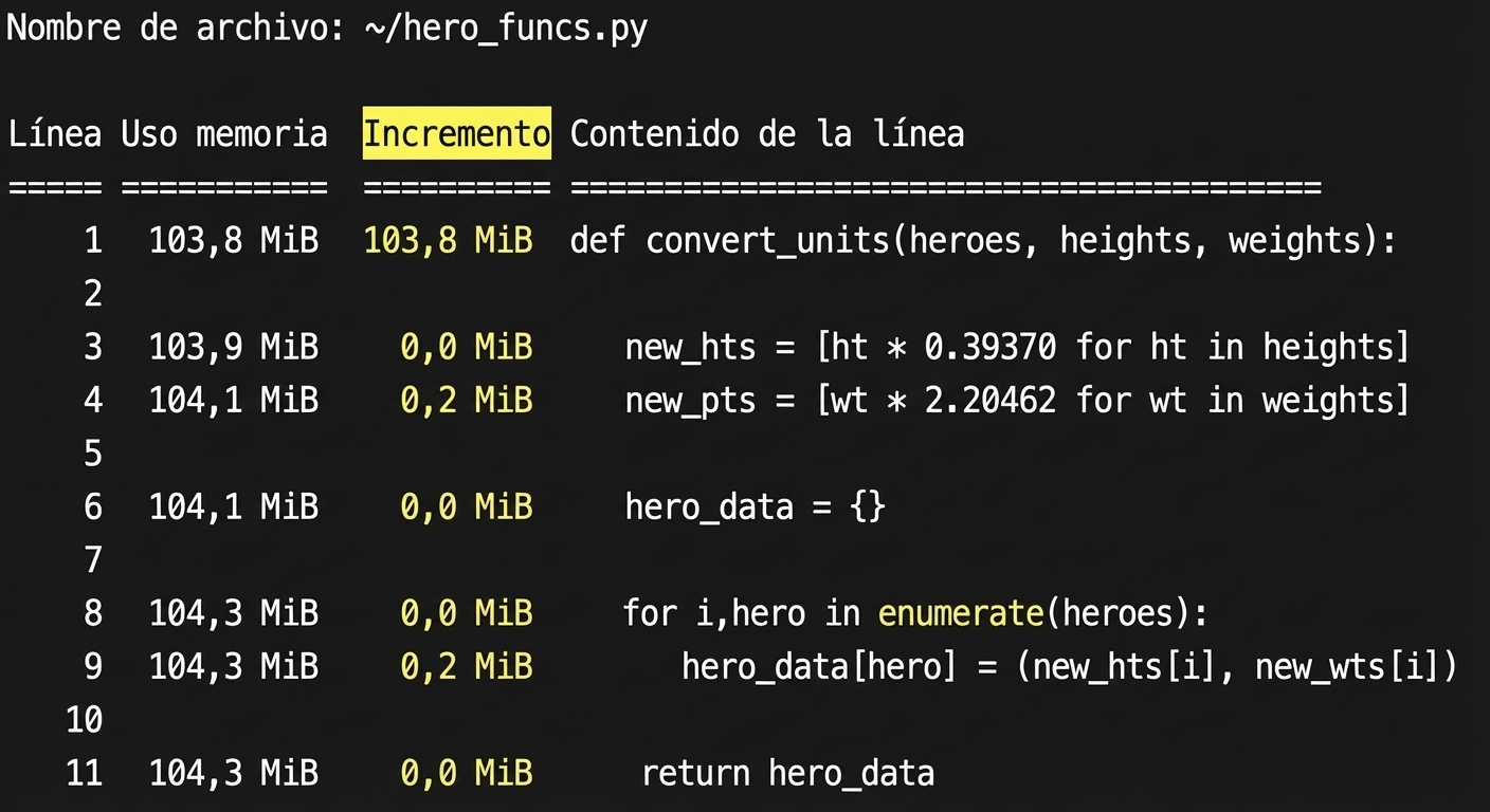 alt=”Salida en tabla de la magic mprun que resume estadísticas de perfilado de memoria con la columna Increment resaltada”