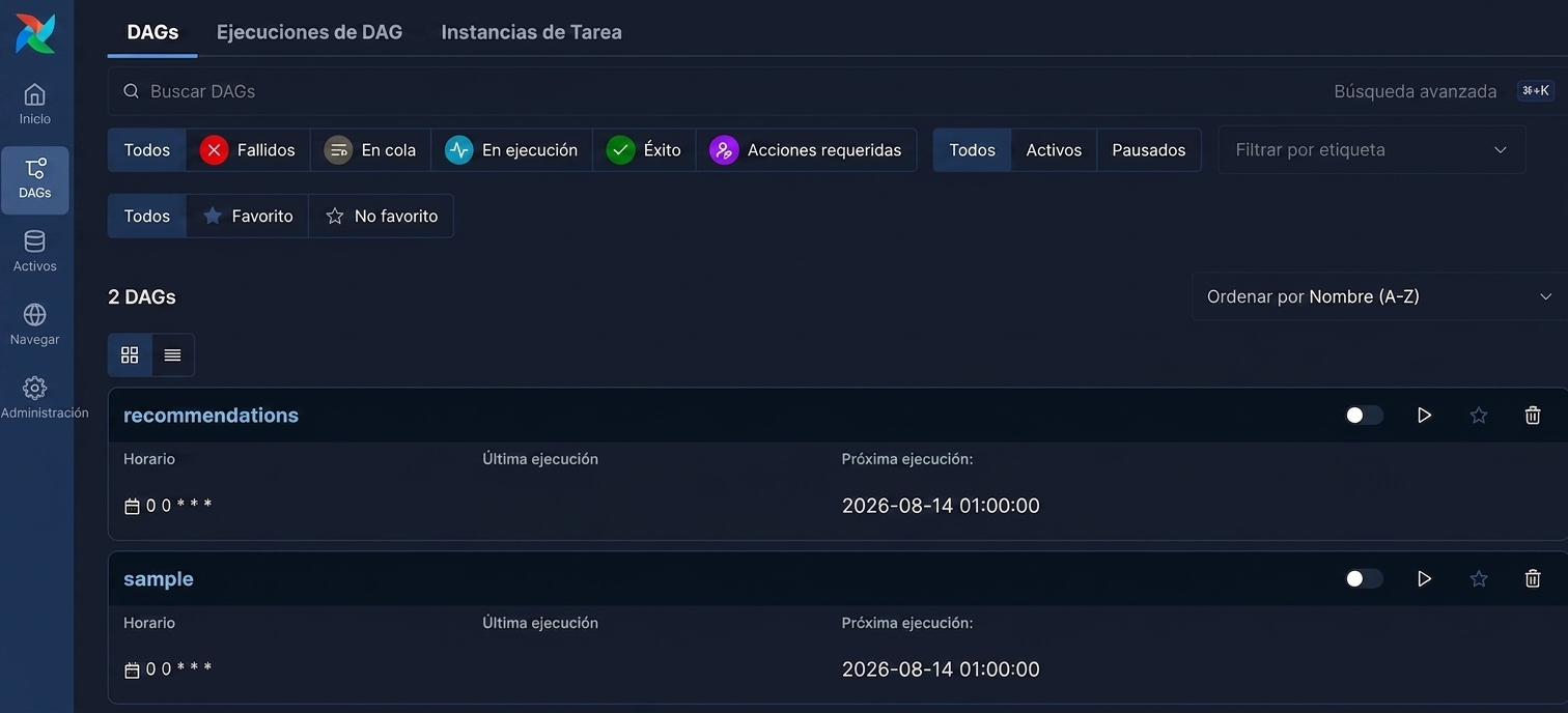 Captura de pantalla de la interfaz de Airflow