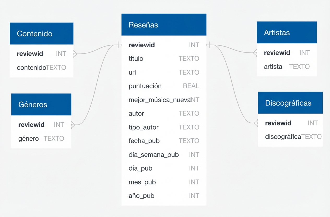 Esquema de la base de datos de reseñas de Pitchfork