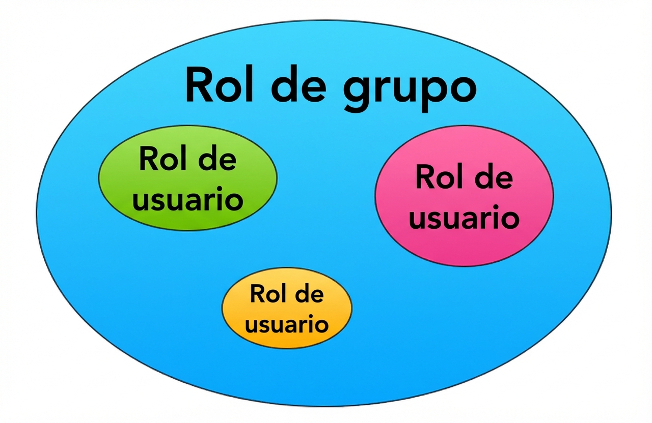 Gráfico de roles en el que el círculo exterior representa un rol de grupo y los tres círculos interiores dentro del círculo exterior representan roles de usuario