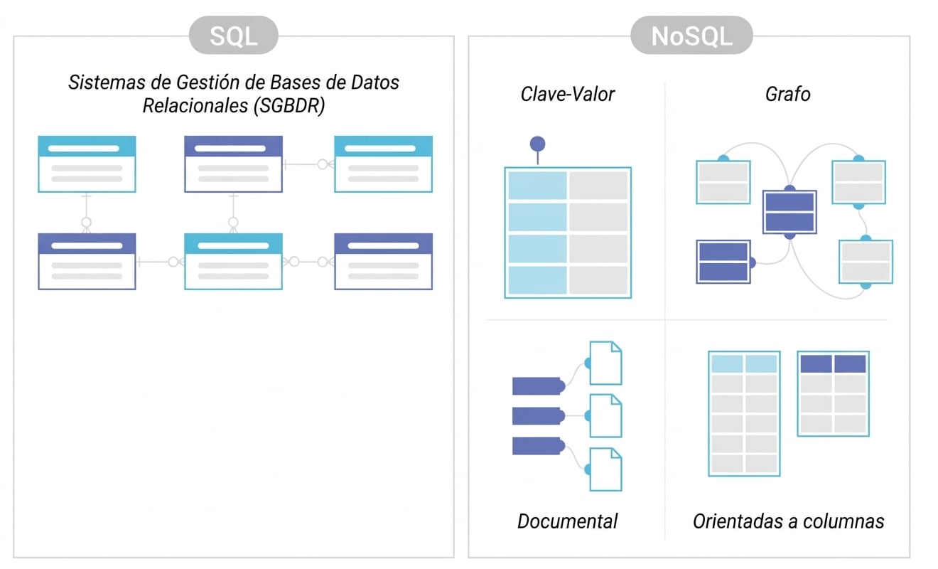 Diagrama comparando el almacenamiento de los sistemas de gestión de bases de datos SQL y NoSQL.
