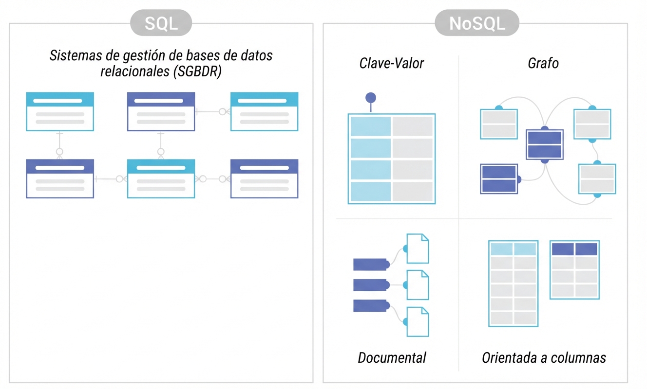 Diagrama comparativo del almacenamiento de los sistemas de gestión de bases de datos SQL y NoSQL.
