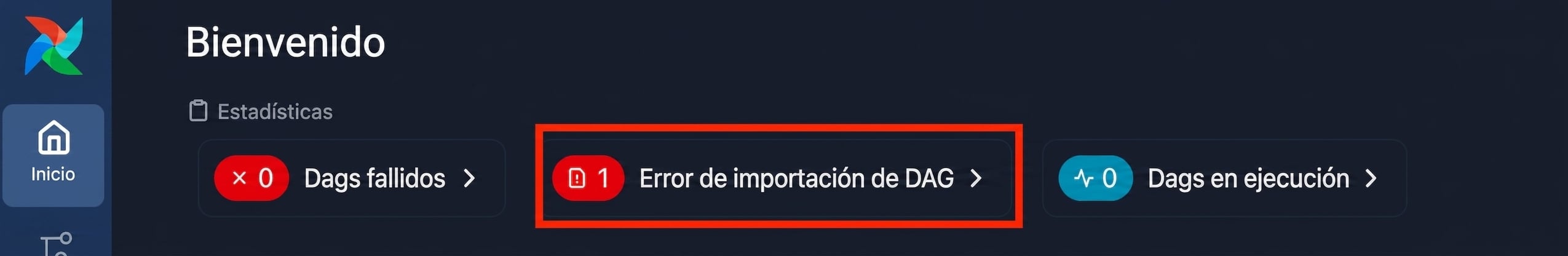 Página de bienvenida de Airflow mostrando una alerta de error de importación de Dag