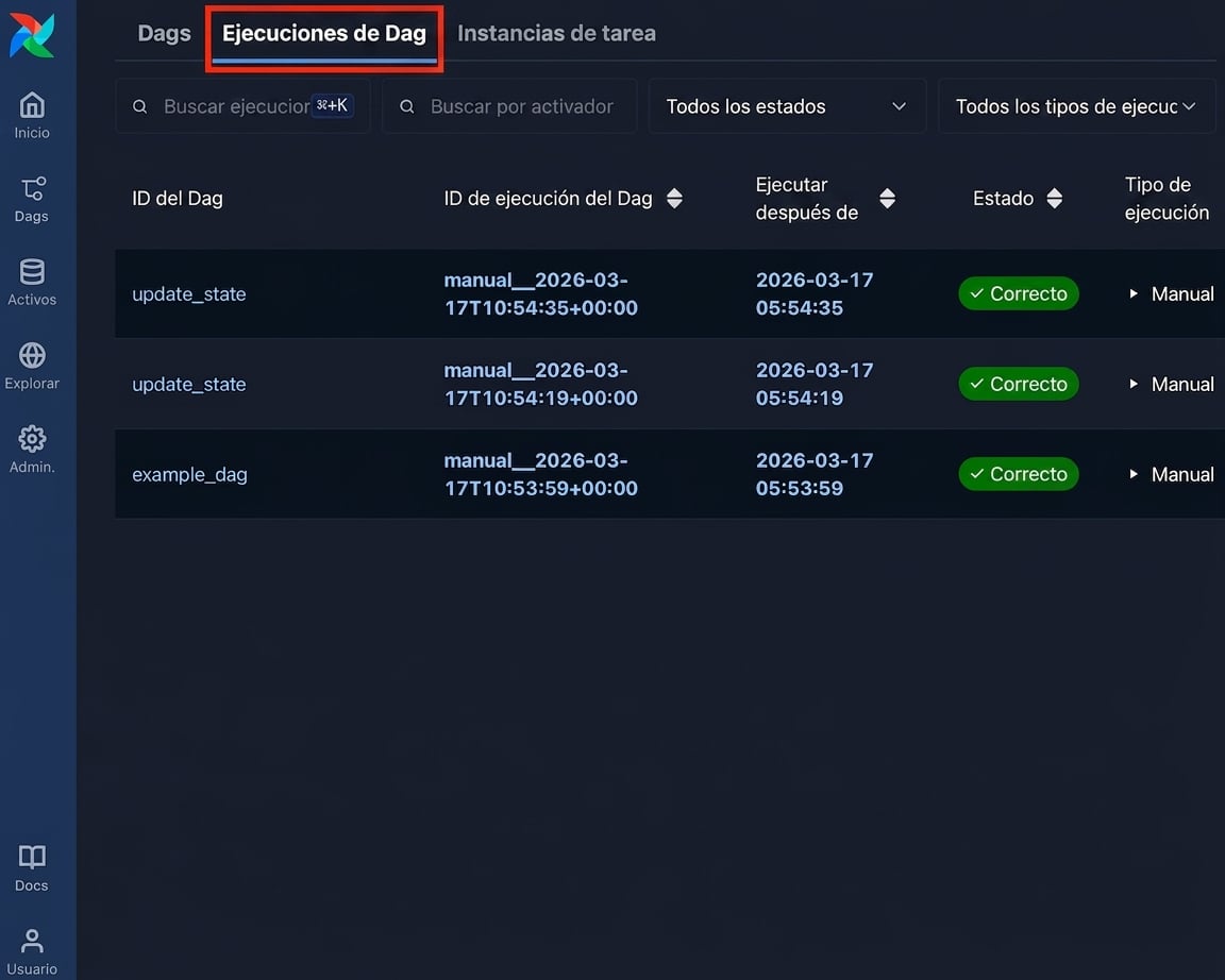 Página de ejecuciones de Dag de Airflow listando ejecuciones recientes en todos los Dags