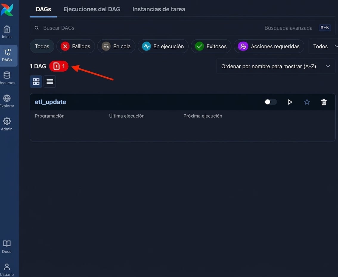Vista de Dags de Airflow mostrando el botón de notificación de error de importación