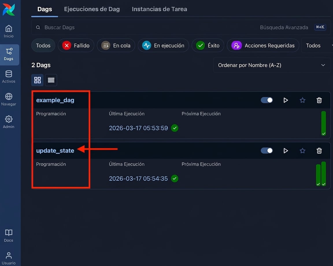 Vista de Dags de Airflow con el enlace del Dag update_state resaltado