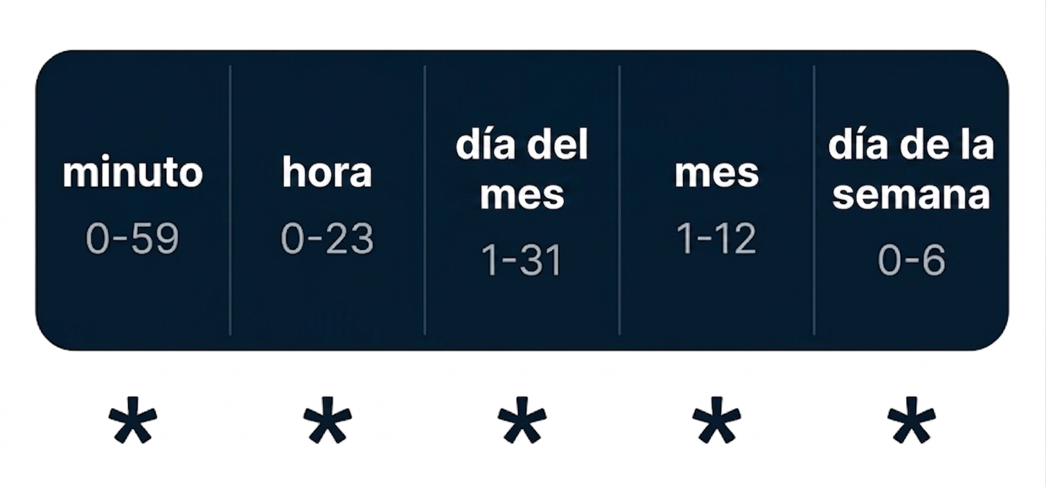 Diagrama de la sintaxis cron con sus cinco campos de tiempo separados por espacios