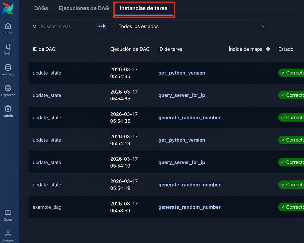 Página de instancias de tareas de Airflow listando ejecuciones de tareas en todos los Dags