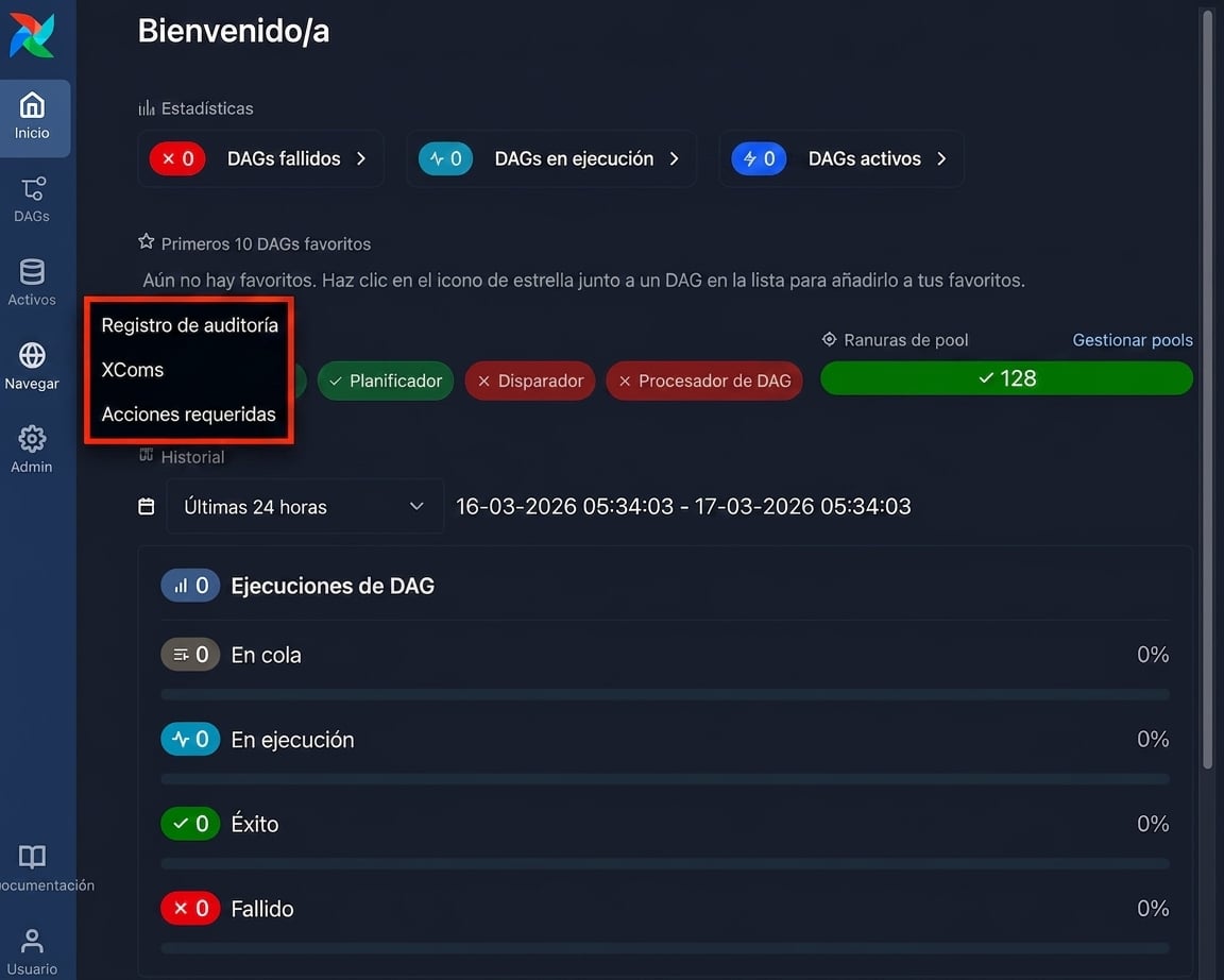 UI de Airflow con el menú Browse abierto mostrando la opción de registro de auditoría