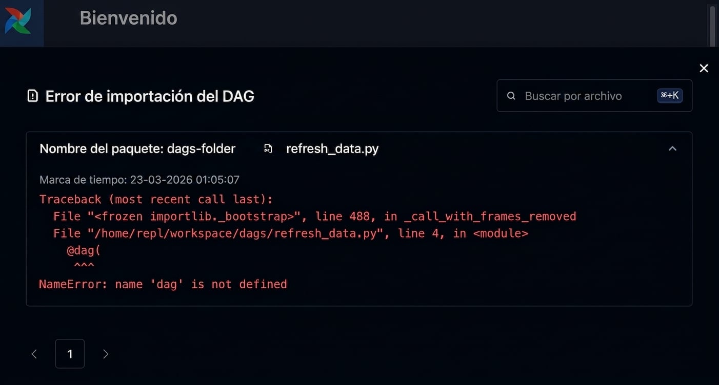 Detalle de error de importación mostrando el traceback del Dag