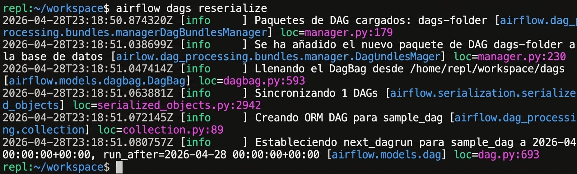 Terminal ejecutando airflow dags reserialize para forzar la actualización de un Dag