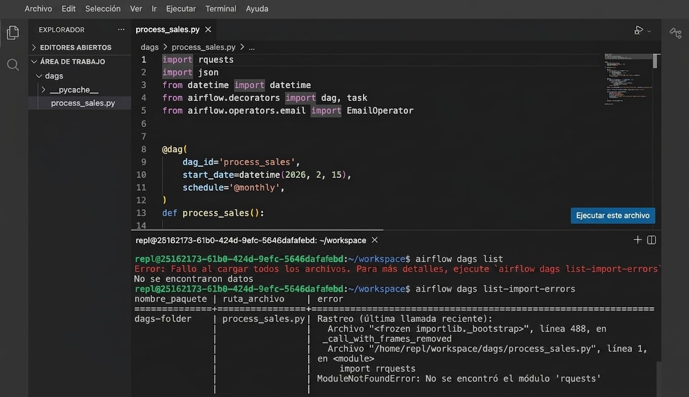 Salida de terminal de airflow dags list-import-errors mostrando un error