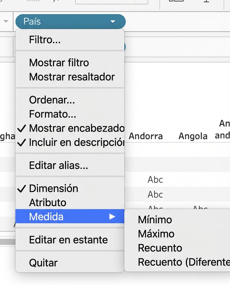 Desplegable de Tableau para agregar dimensiones
