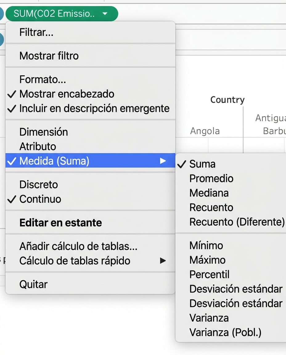 Desplegable de Tableau para agregar medidas