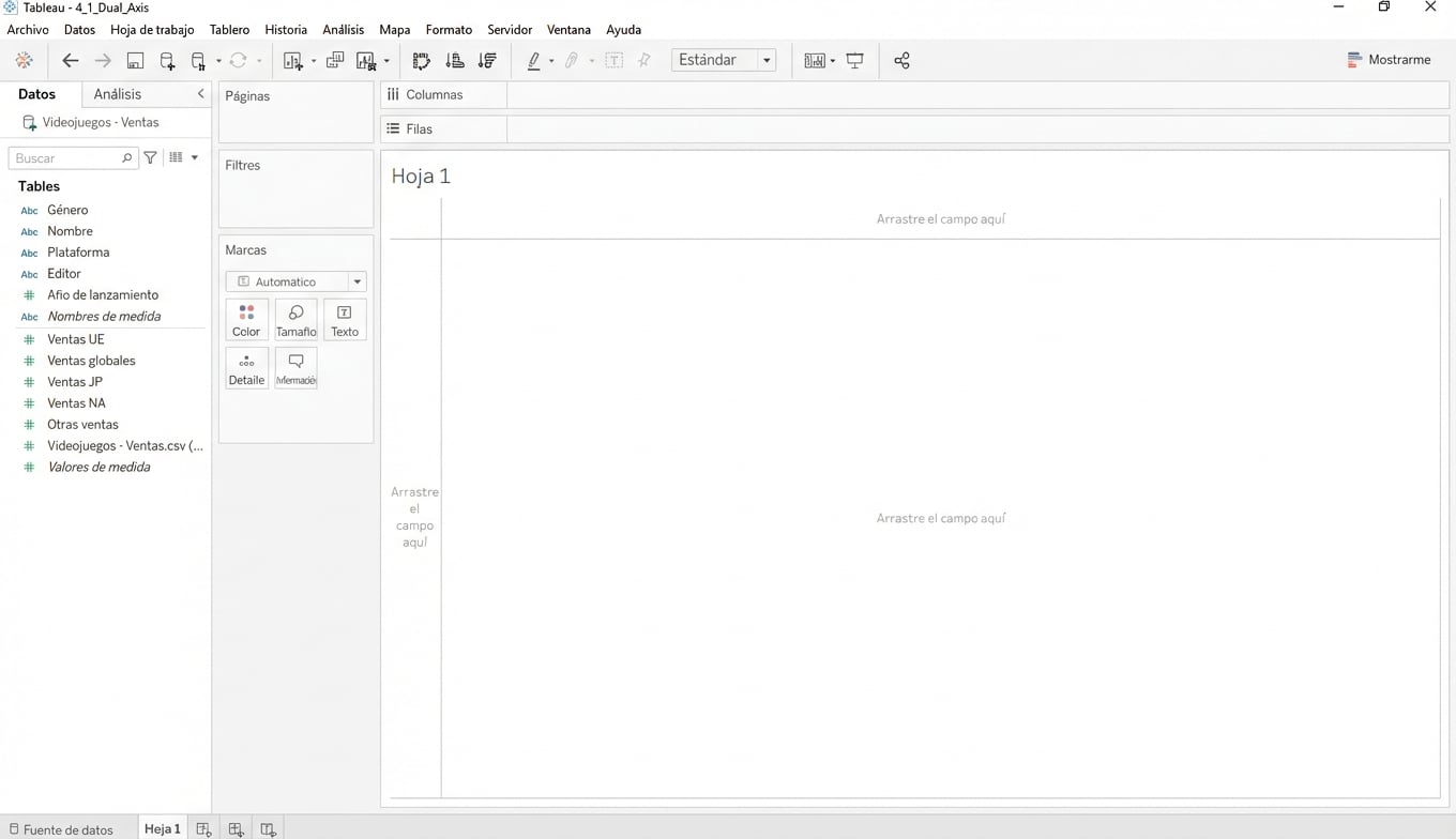 Captura de un libro de trabajo vacío de Tableau