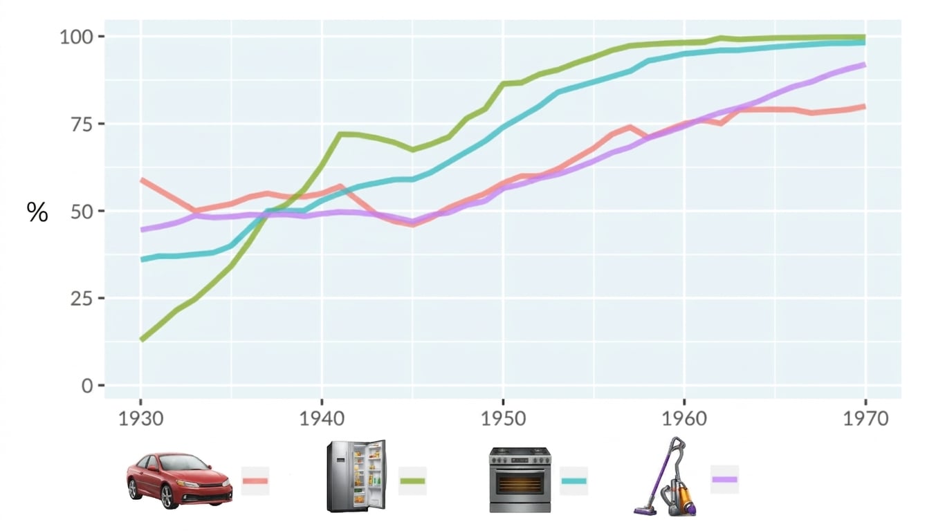 Gráfico de líneas de la adopción de tecnología en los hogares de Estados Unidos. El eje x va de 1930 a 1970, y el eje y va de 0 a 100%. Hay cuatro líneas que representan la adopción de automóviles, frigoríficos, cocinas y aspiradoras.