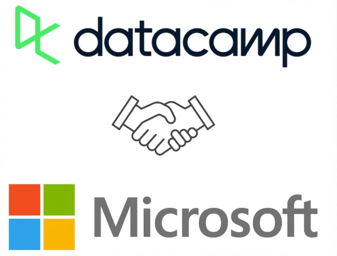 Los logotipos de DataCamp y Microsoft, acompañados de una imagen caricaturizada de un apretón de manos