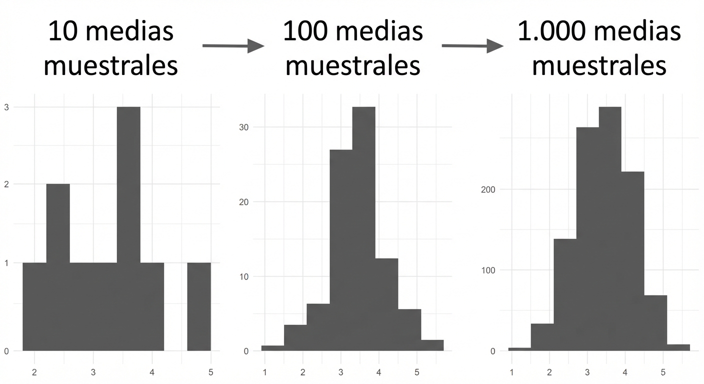 histogramas de 10, 100 y 1000 medias muestrales, donde un mayor número de medias muestrales tiene una distribución en forma de curva de campana