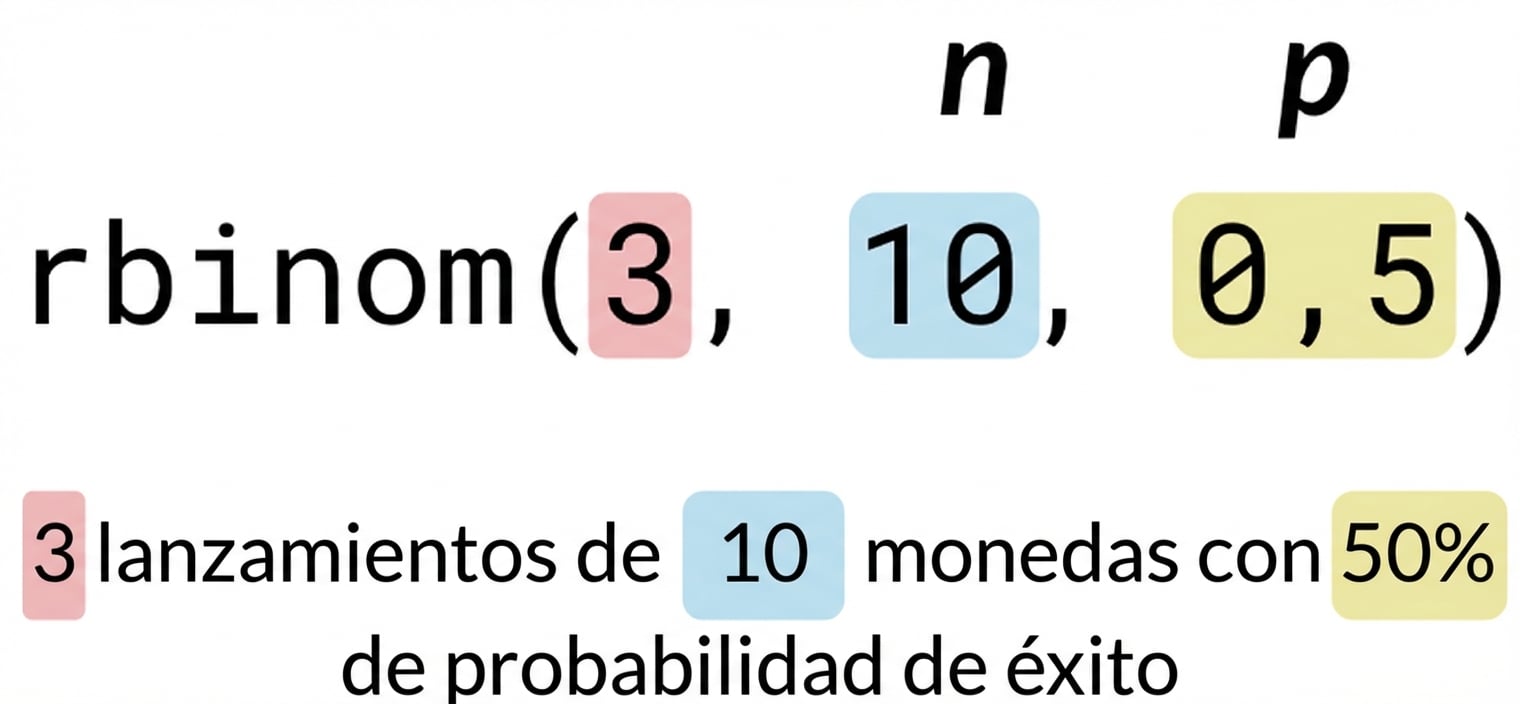 rbinom(3, 10, 0.5) con 3 en rojo, 10 en azul y 0.5 en amarillo. Texto: 3 (en rojo) lanzamientos de 10 (en azul) monedas con un 50 % (en amarillo) de probabilidad de éxito. n está escrito sobre el 10 en azul y p está escrito sobre el 0,5 en amarillo.