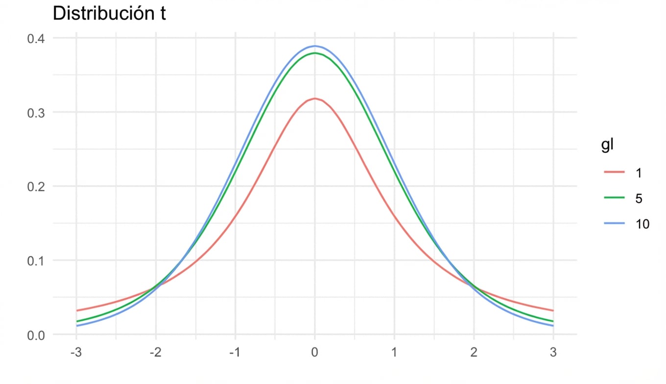3 distribuciones t con df = 1, df = 5 y df = 10