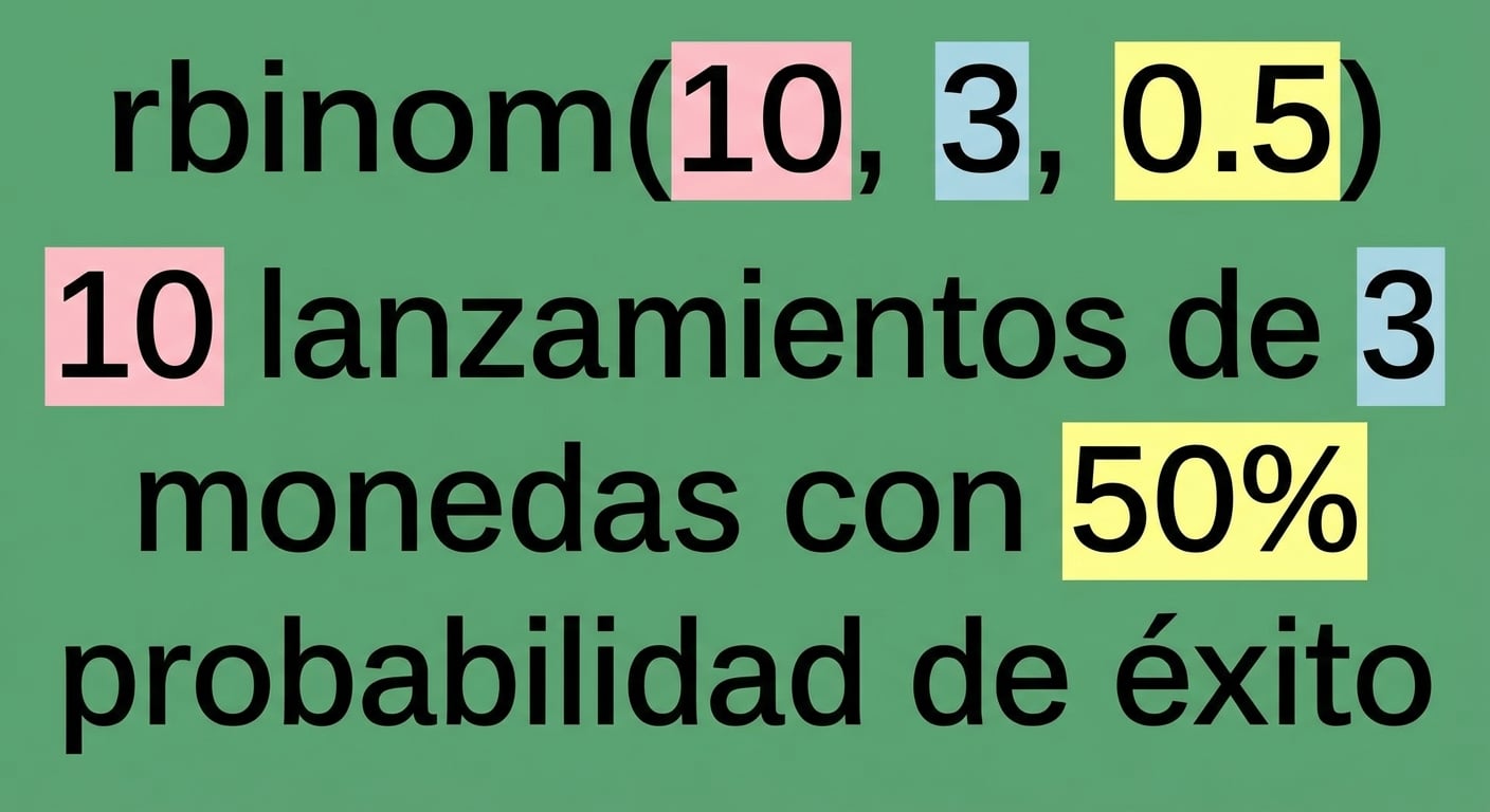 rbinom(10, 3, 0.5) con 10 en rojo, 3 en azul y 0.5 en amarillo. Texto: 10 (en rojo) lanzamientos de 3 (en azul) monedas con un 50 % (en amarillo) de probabilidades de éxito.