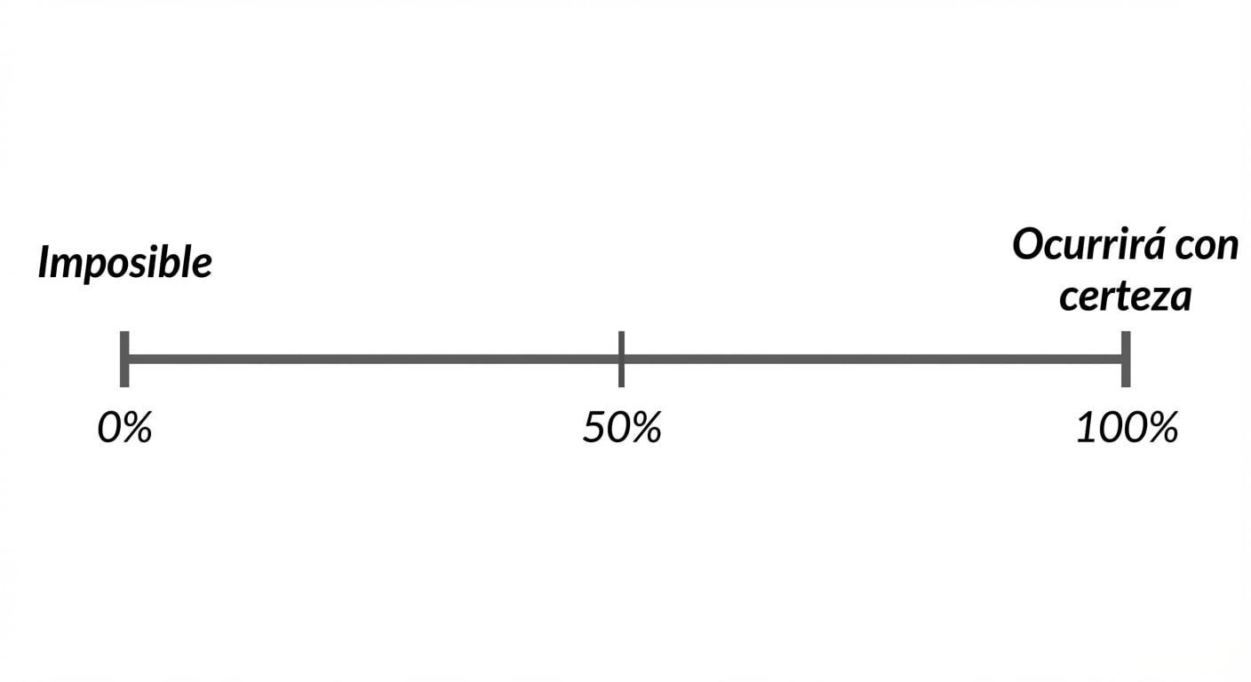 Línea numérica de probabilidad. 0 por ciento = imposible, 100 por ciento = ocurrirá con toda seguridad