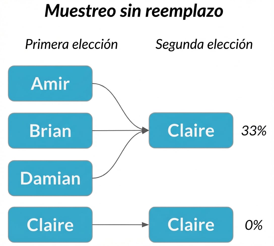 Amir, Brian y Damian en la primera columna señalan a Claire en la segunda columna con una probabilidad del 33 %.
