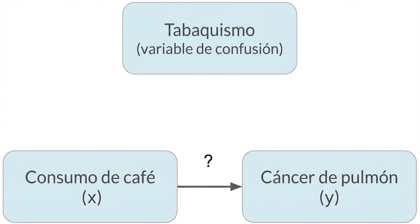El consumo de café (x) apunta al cáncer de pulmón (y) con el tabaquismo (factor de confusión) arriba
